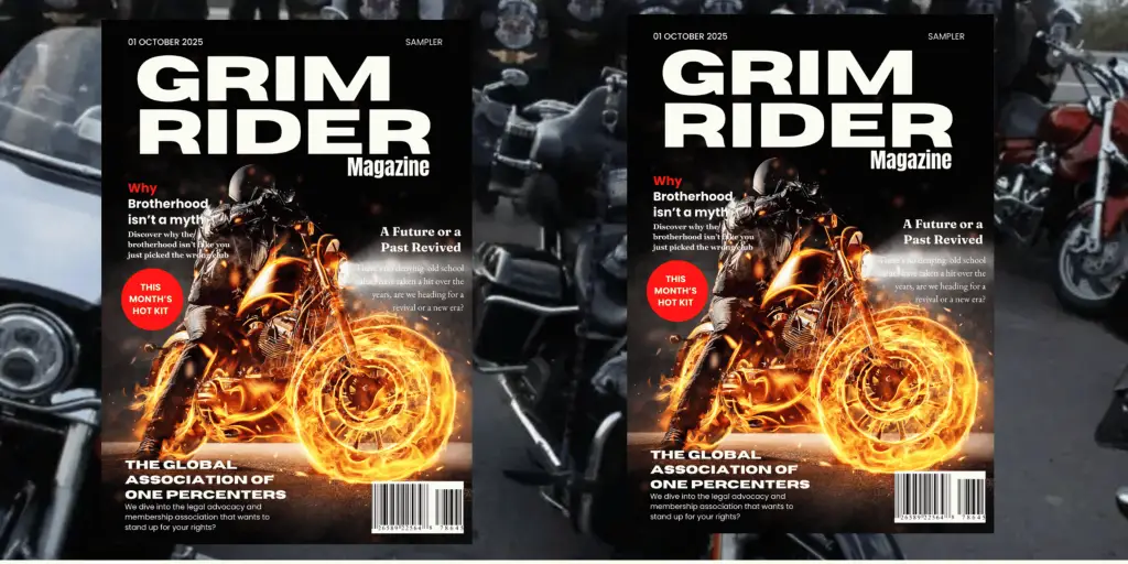 magazine banner two copys of the sampler edition ona background of bikers gather for Grim Rider Magazine